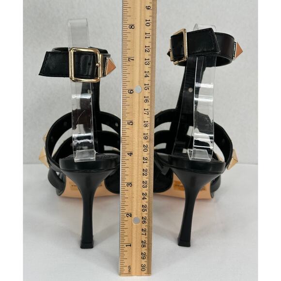 Steve Madden Buker Black Sandal Heels with Gold Studs Ankle Strap Buckle 7M - Picture 5 of 8